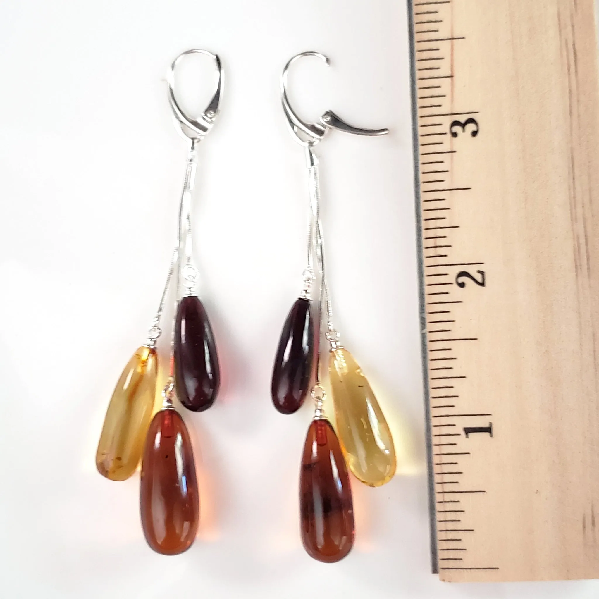 Three Color Amber Long TearDrop Elegant Earrings