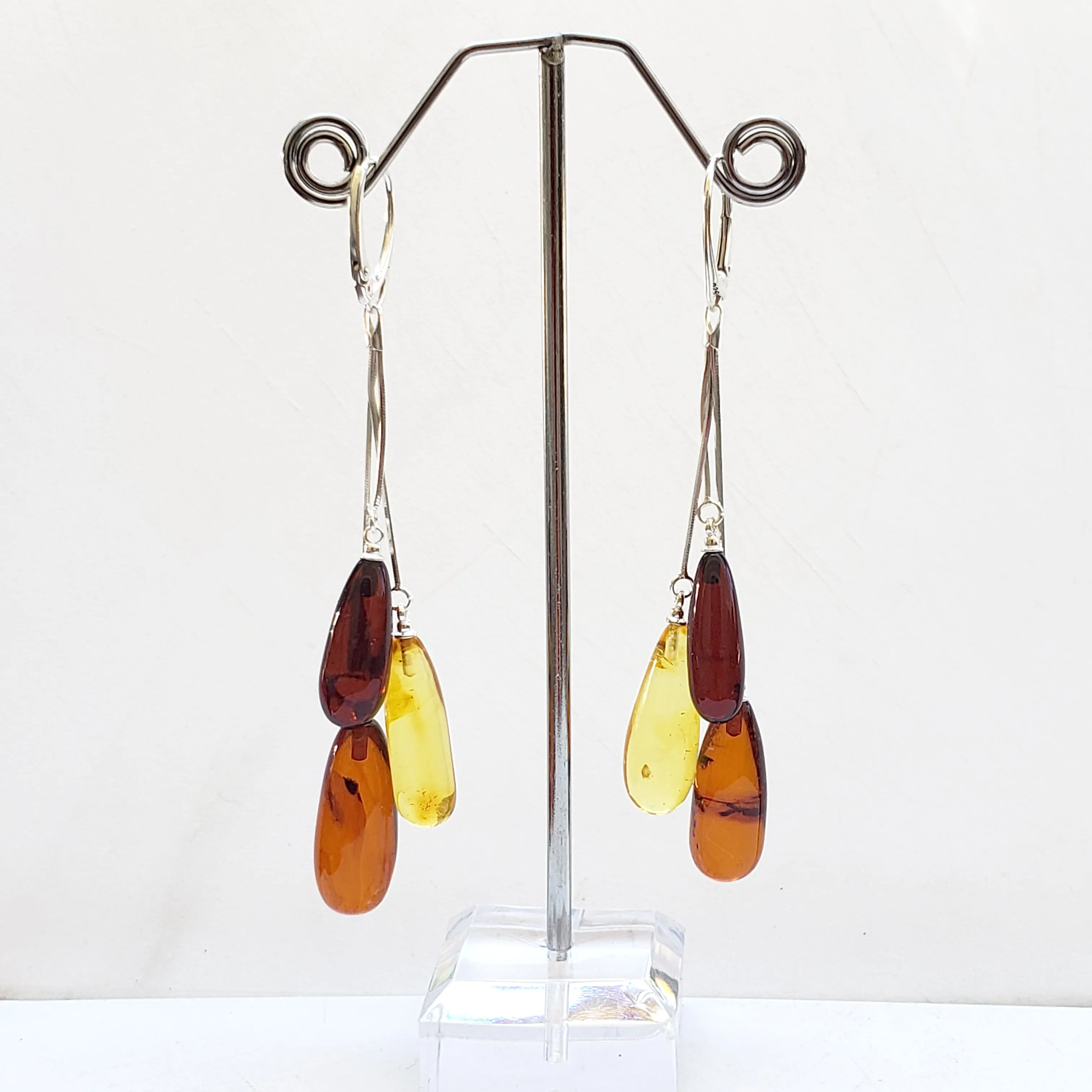 Three Color Amber Long TearDrop Elegant Earrings