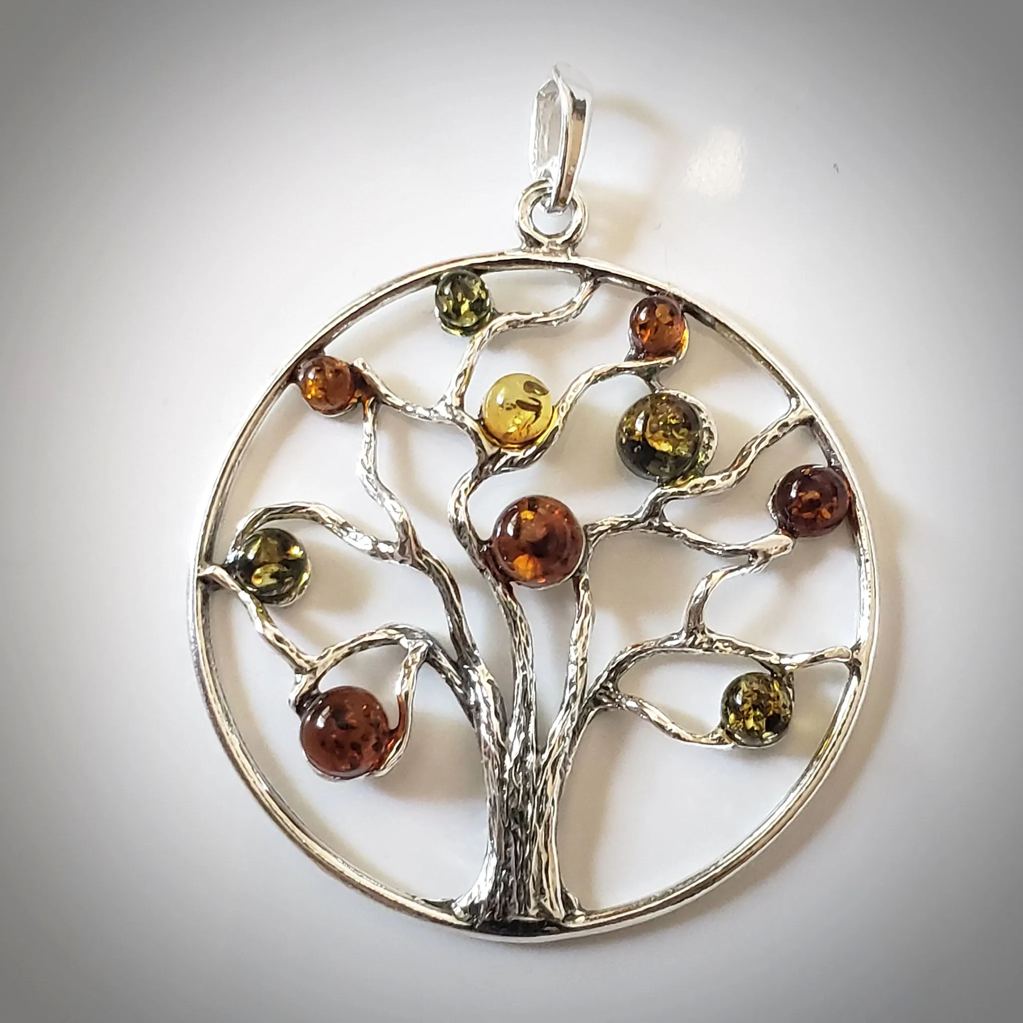 Tree of Life Sterling Silver Round Pendant with Multicolor Amber