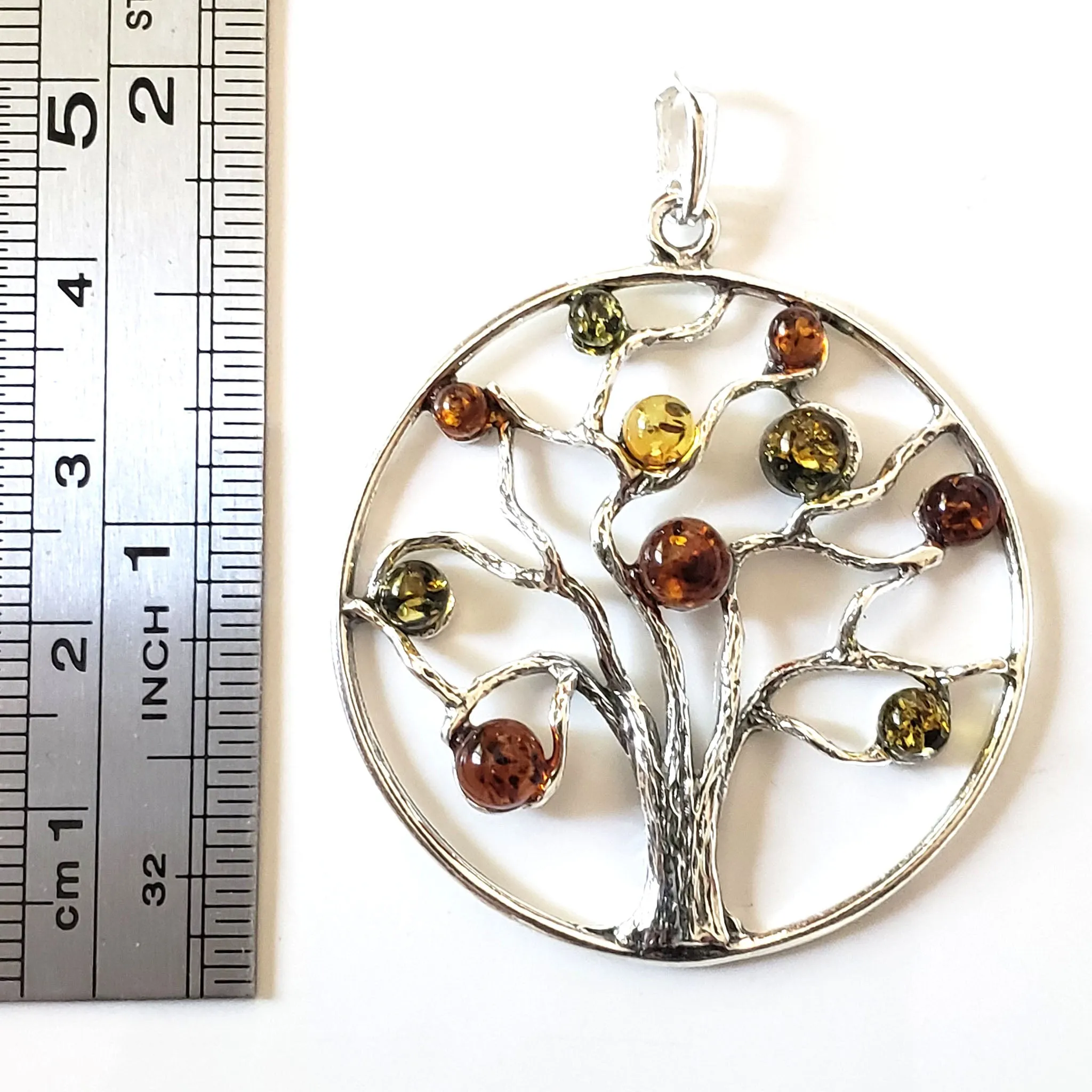 Tree of Life Sterling Silver Round Pendant with Multicolor Amber