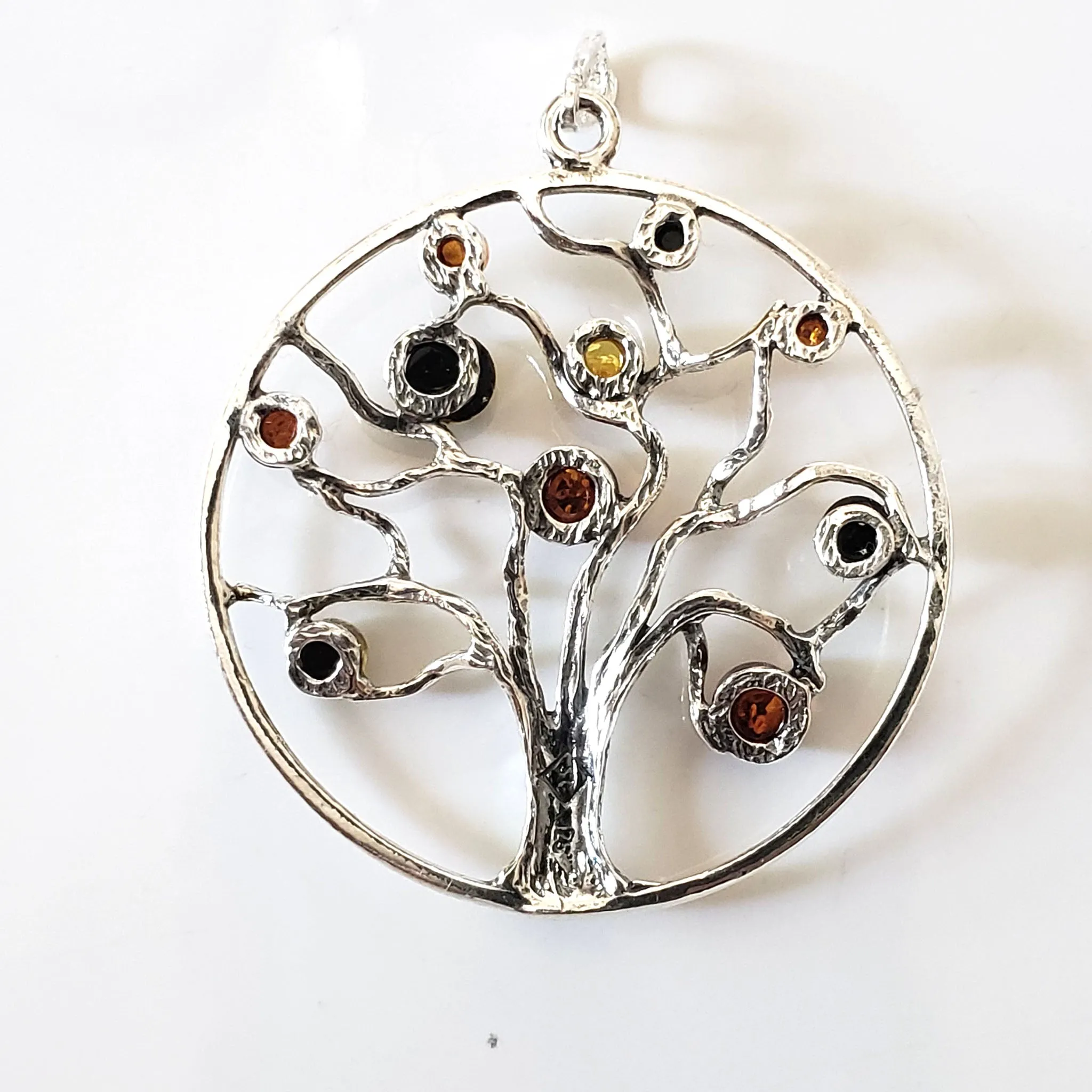 Tree of Life Sterling Silver Round Pendant with Multicolor Amber