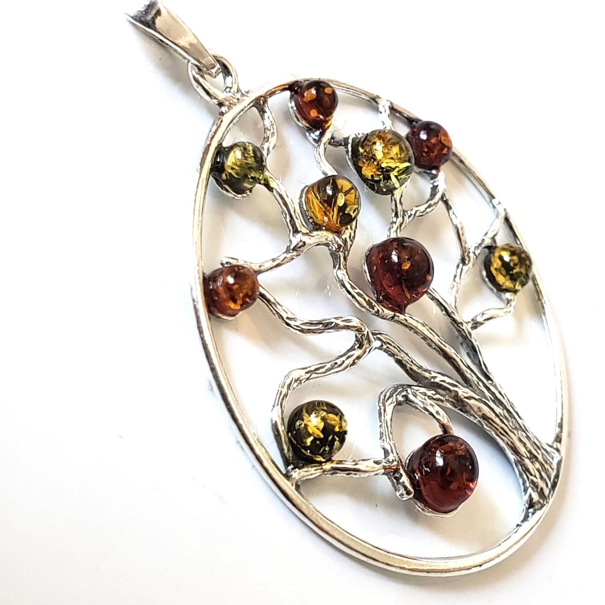 Tree of Life Sterling Silver Round Pendant with Multicolor Amber