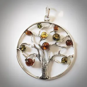 Tree of Life Sterling Silver Round Pendant with Multicolor Amber