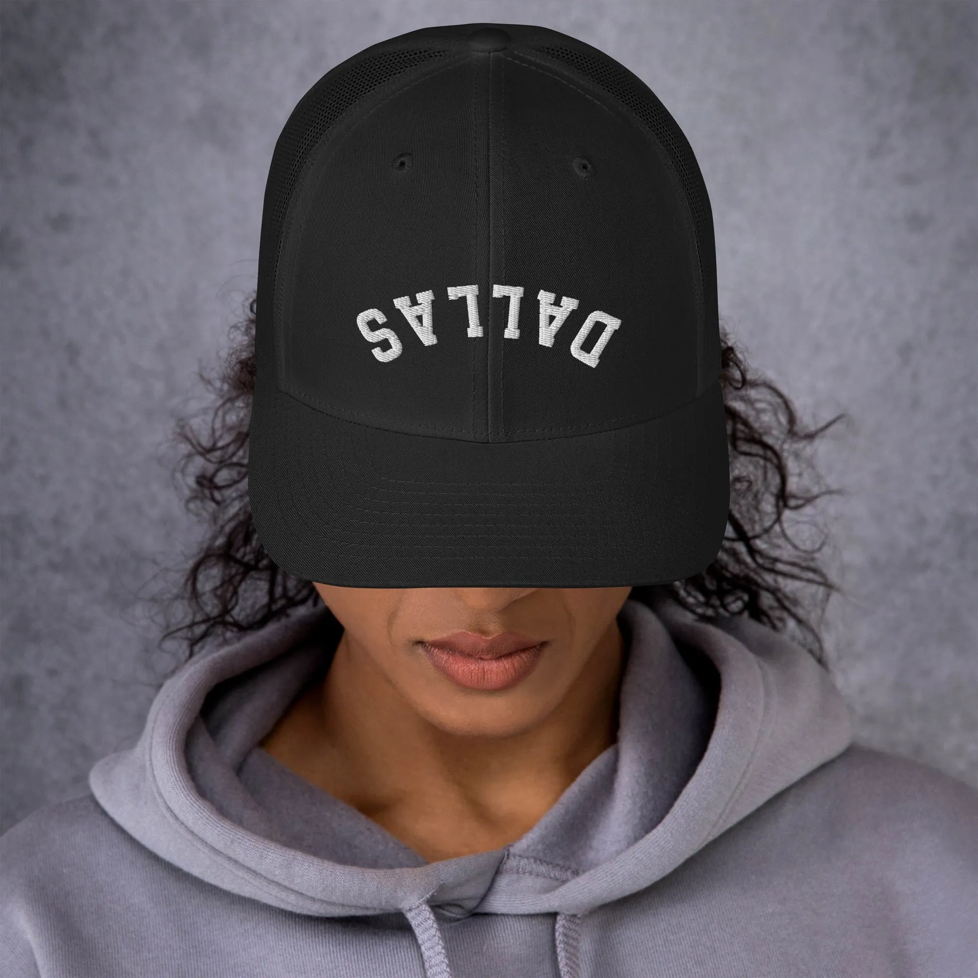Upside Down Dallas Trucker Cap, Inverted Dallas Embroidered Hat