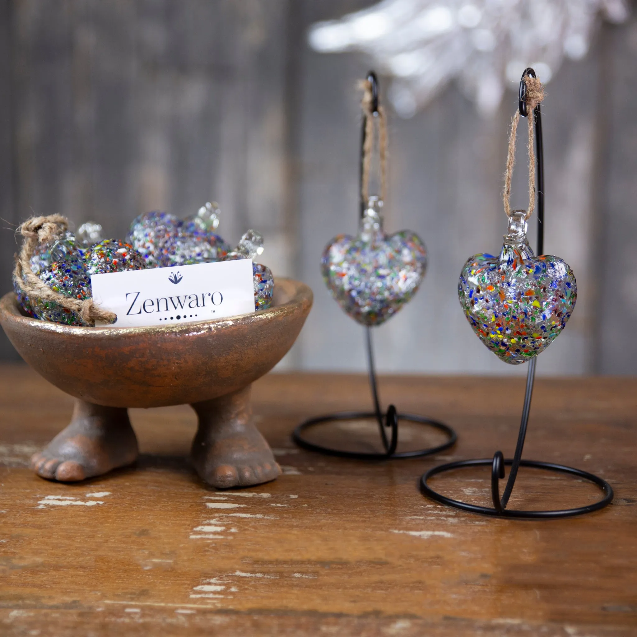 Vestige Glass Heart with Stand. Mercury, Pink, Rosé, Confetti Glass Hearts