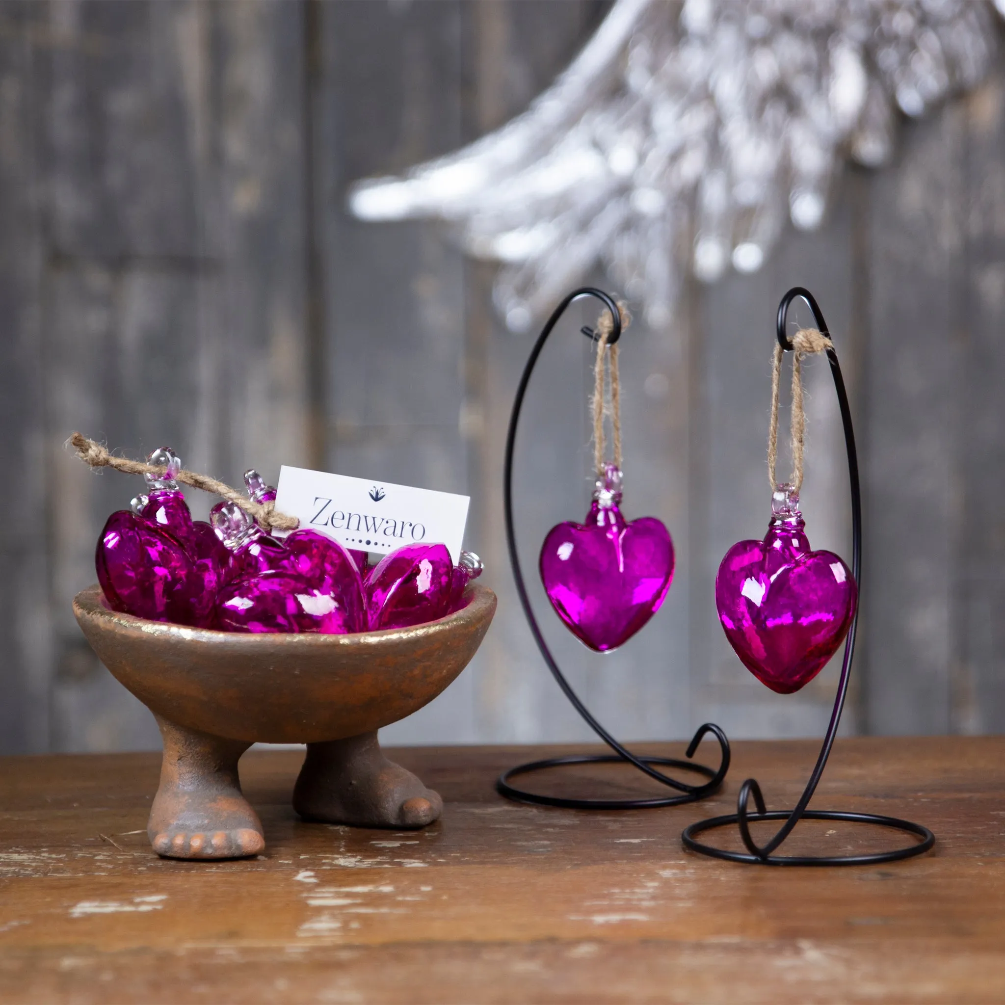 Vestige Glass Heart with Stand. Mercury, Pink, Rosé, Confetti Glass Hearts