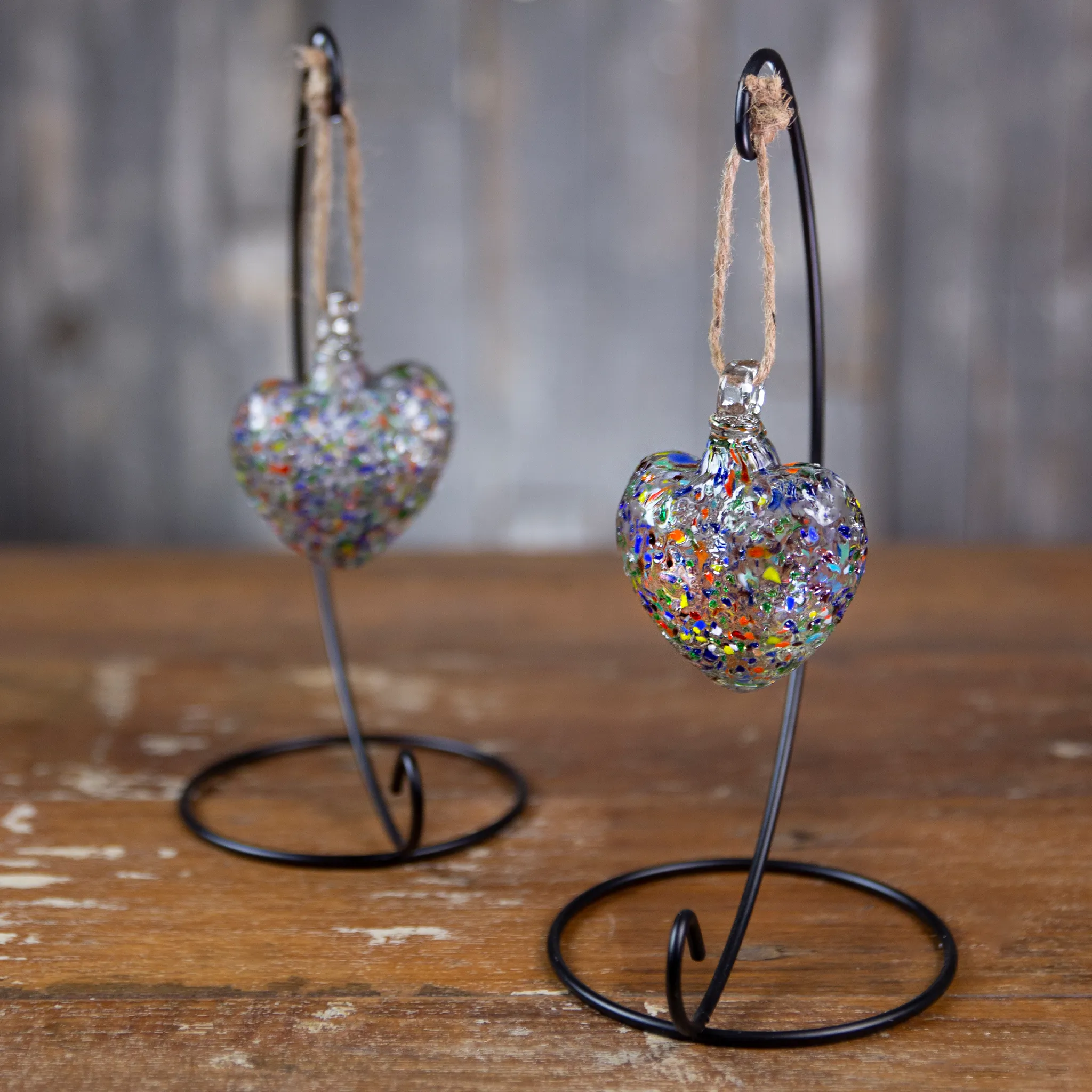 Vestige Glass Heart with Stand. Mercury, Pink, Rosé, Confetti Glass Hearts