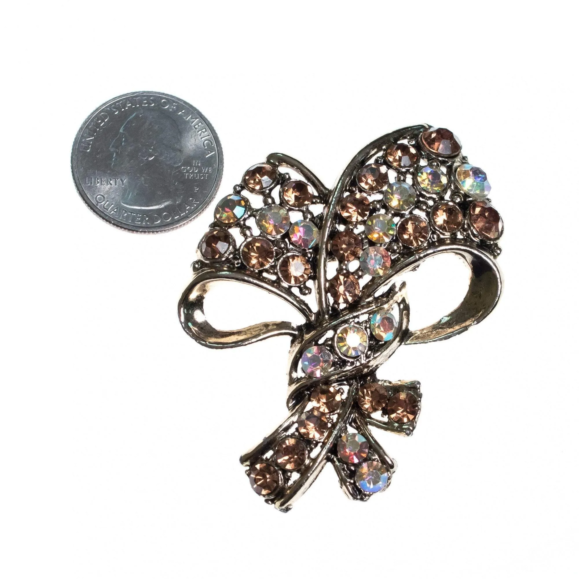 Vintage Amber and Champagne Aurora Borealis Crystal Bow Brooch