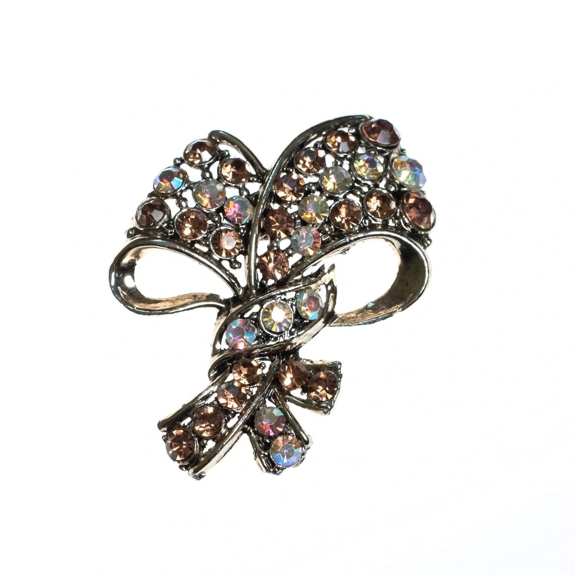 Vintage Amber and Champagne Aurora Borealis Crystal Bow Brooch