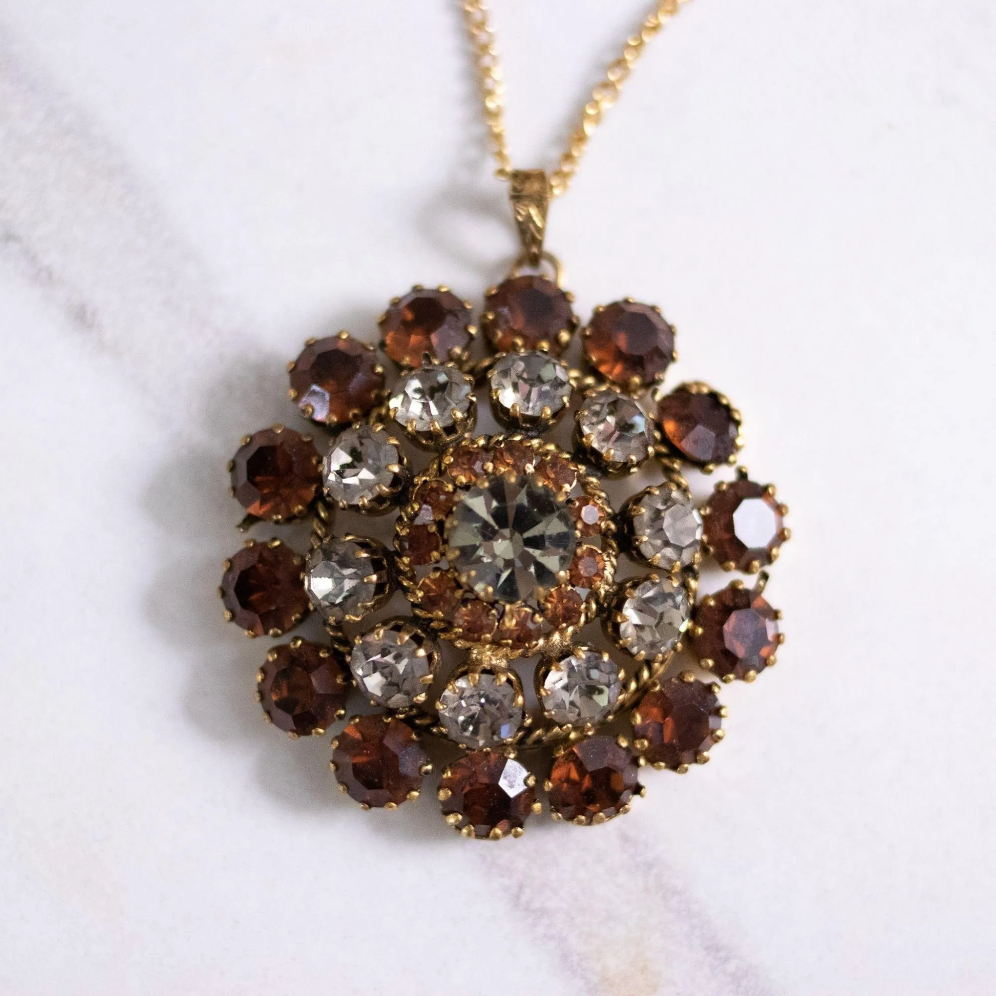 Vintage Amber and Smokey Rhinestone Medallion Pendant Necklace