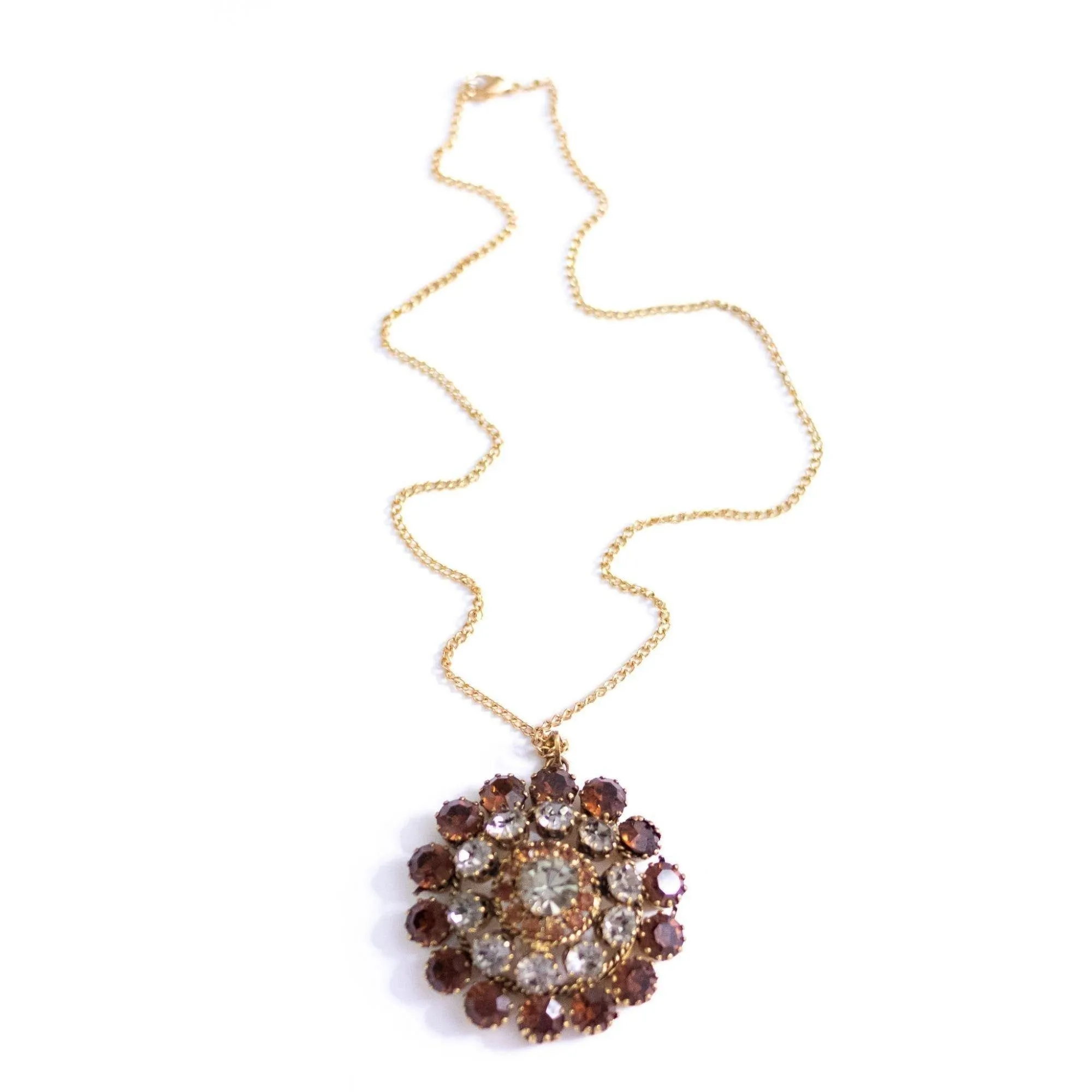 Vintage Amber and Smokey Rhinestone Medallion Pendant Necklace