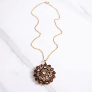 Vintage Amber and Smokey Rhinestone Medallion Pendant Necklace