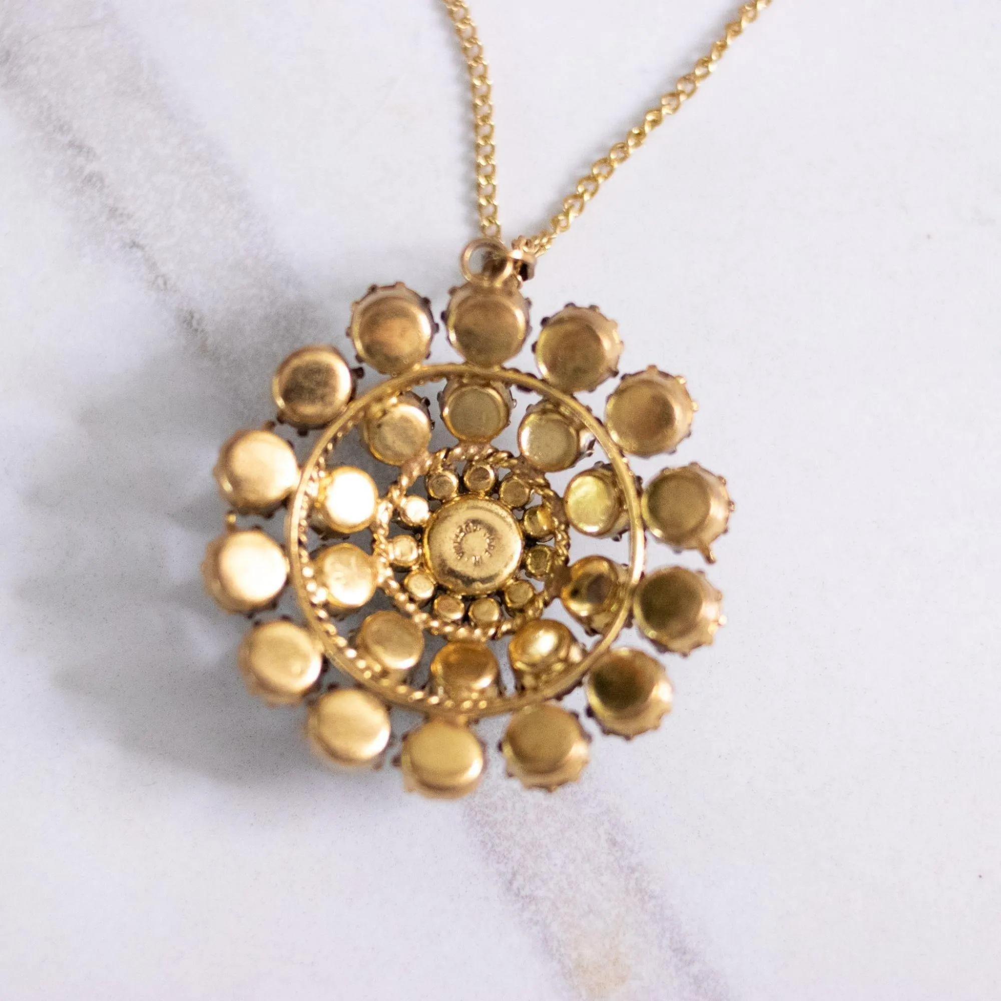 Vintage Amber and Smokey Rhinestone Medallion Pendant Necklace