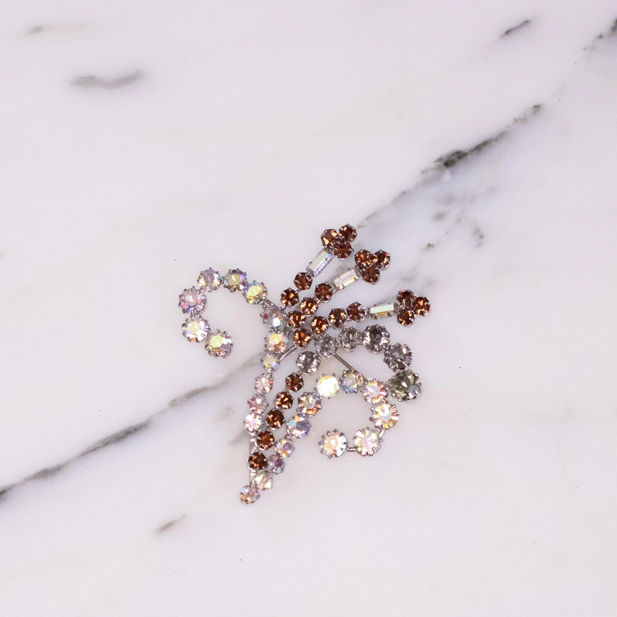 Vintage Amber, Lavender, and  Aurora Borealis Rhinestone Spray Brooch Brooch