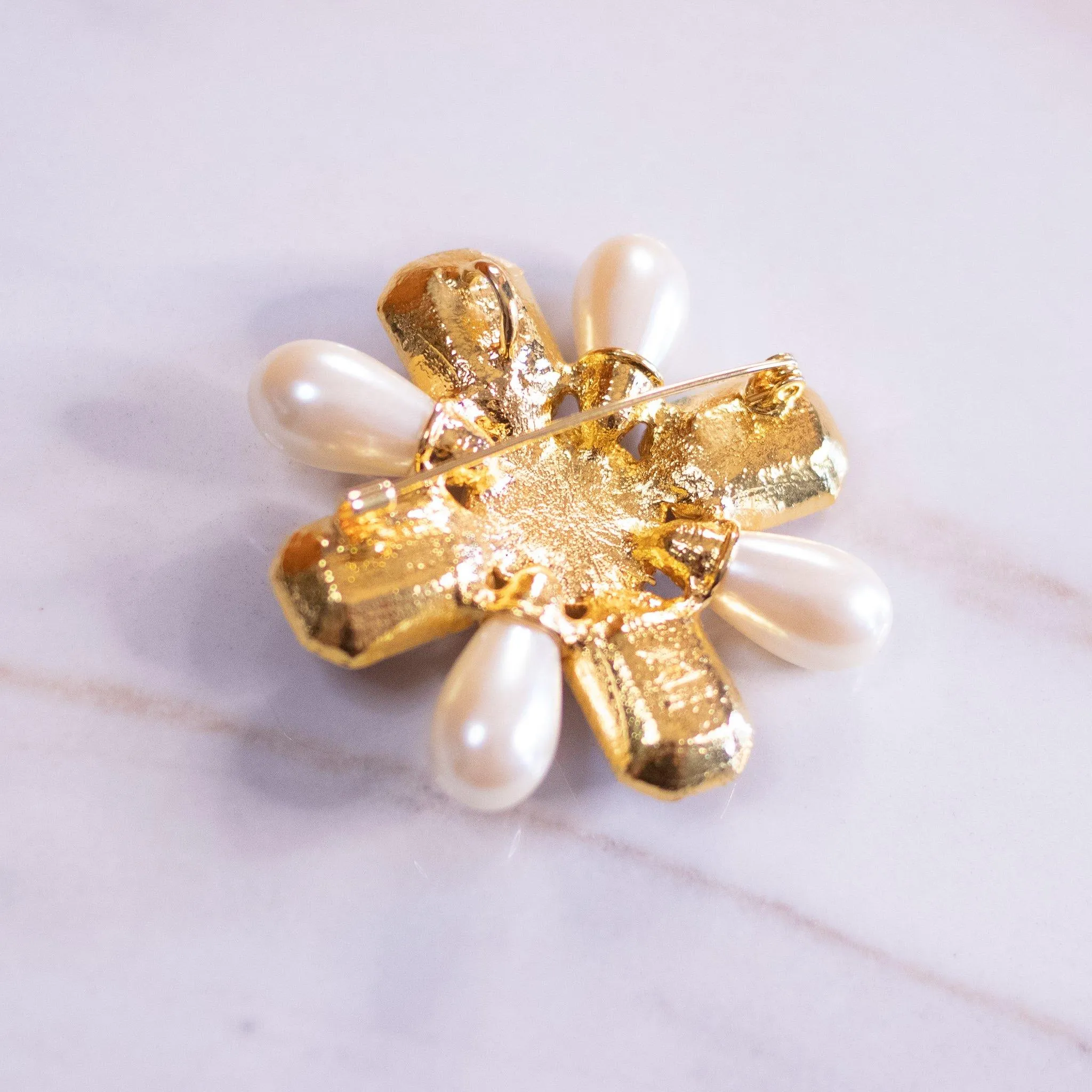 Vintage Avon Mogul Style Maltese Cross Brooch/Pendant with Pearls, Amber Crystal and Amethyst Lucite Cabochon