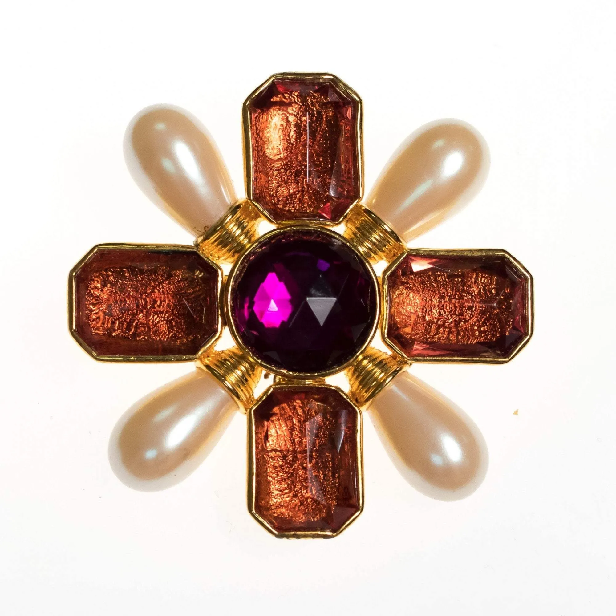 Vintage Avon Mogul Style Maltese Cross Brooch/Pendant with Pearls, Amber Crystal and Amethyst Lucite Cabochon
