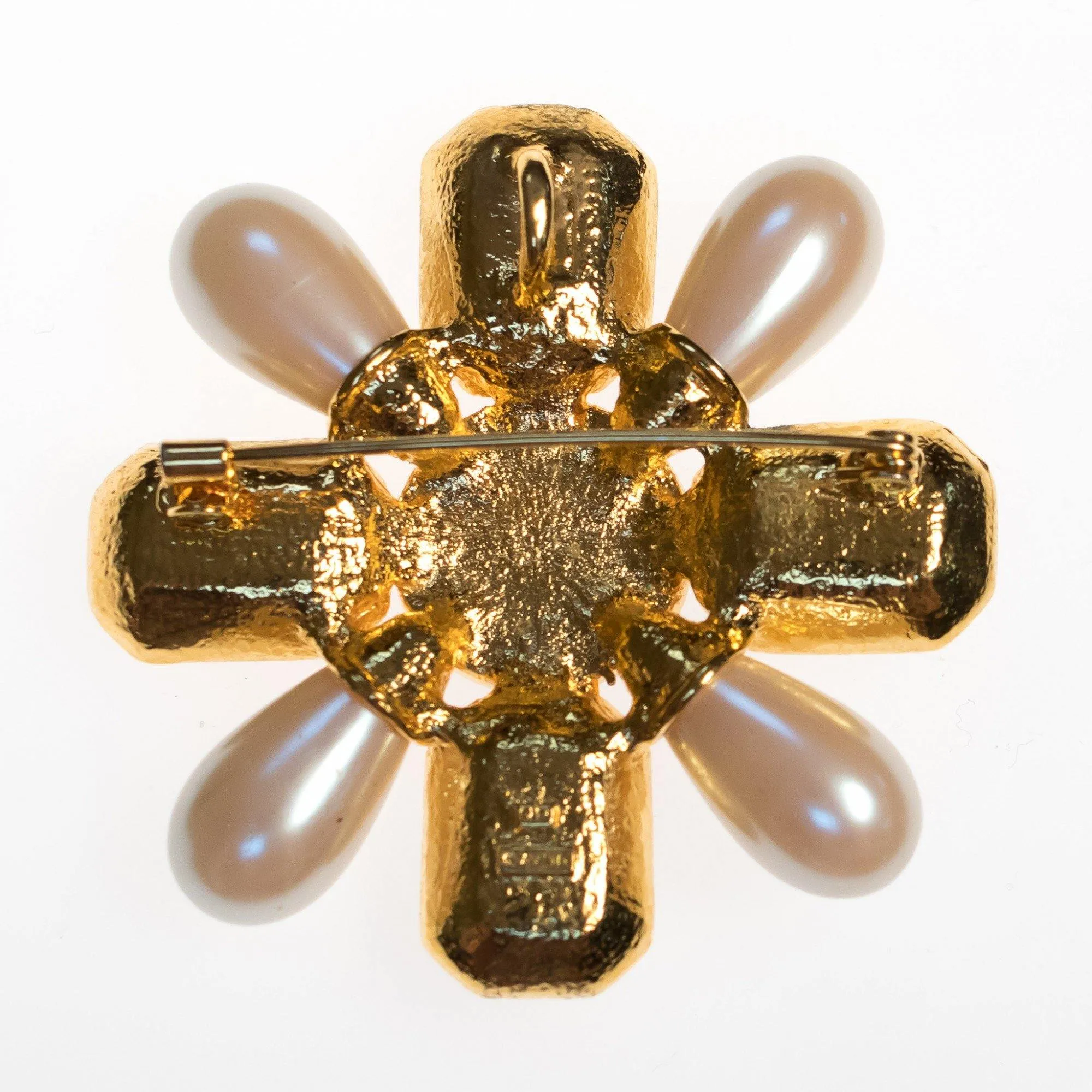 Vintage Avon Mogul Style Maltese Cross Brooch/Pendant with Pearls, Amber Crystal and Amethyst Lucite Cabochon