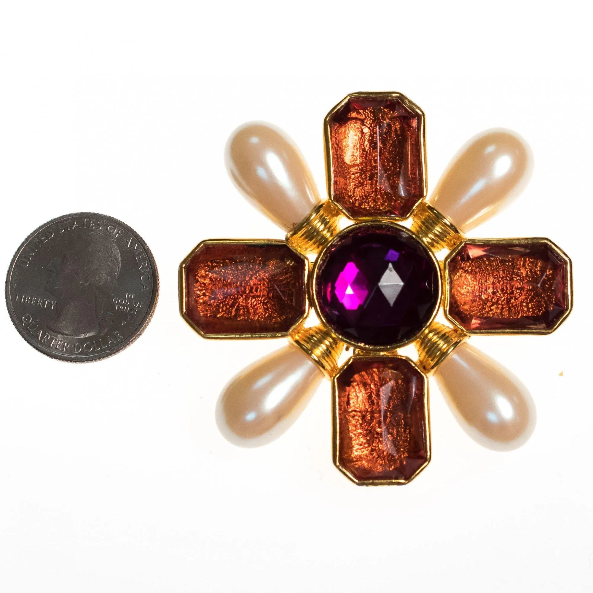 Vintage Avon Mogul Style Maltese Cross Brooch/Pendant with Pearls, Amber Crystal and Amethyst Lucite Cabochon