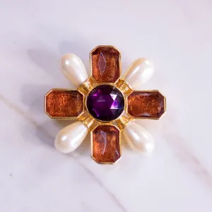 Vintage Avon Mogul Style Maltese Cross Brooch/Pendant with Pearls, Amber Crystal and Amethyst Lucite Cabochon