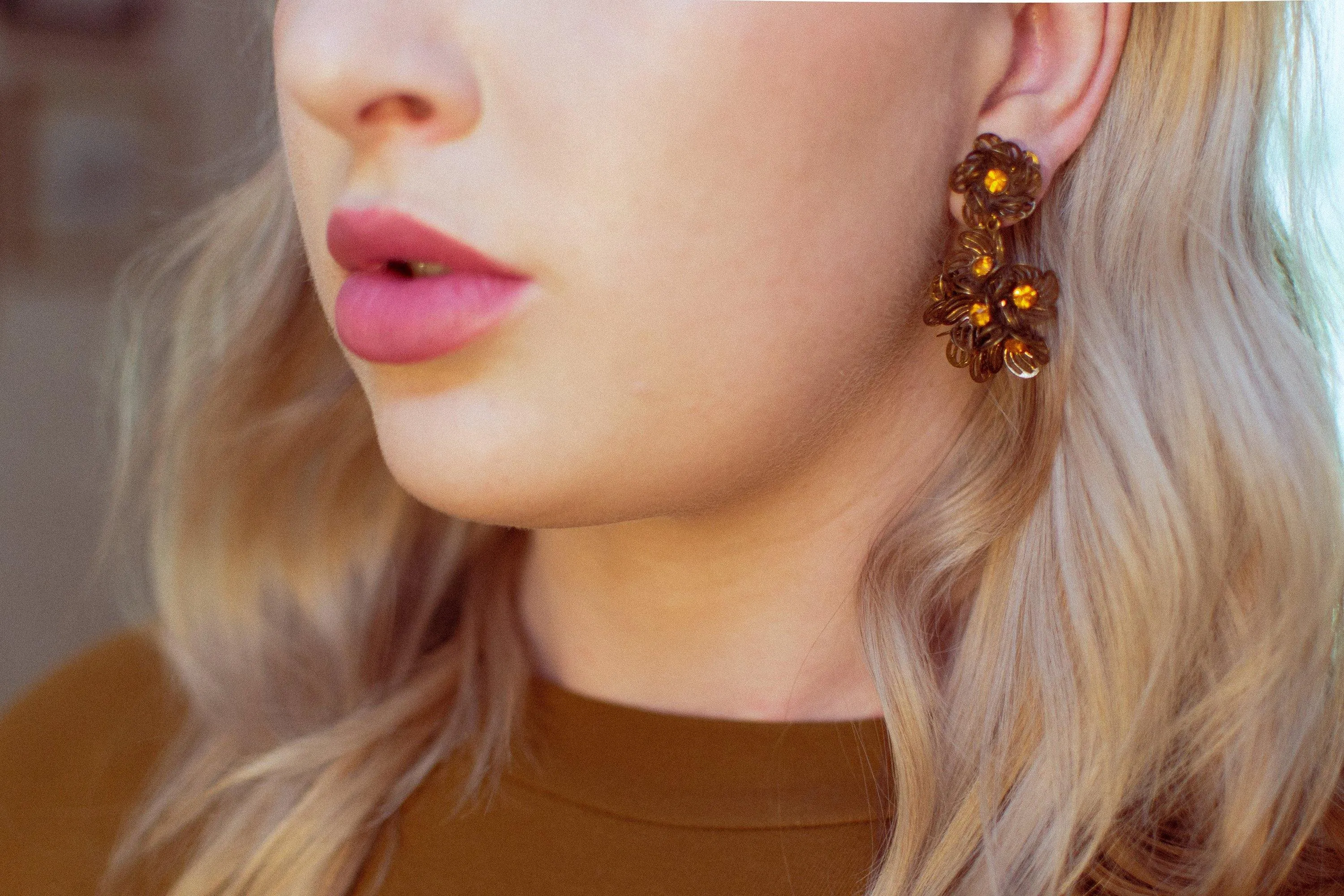 Vintage Gilt Caged Petal Flower Statement Earrings with Amber Crystal Centers