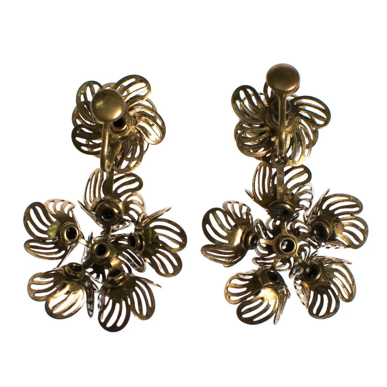 Vintage Gilt Caged Petal Flower Statement Earrings with Amber Crystal Centers