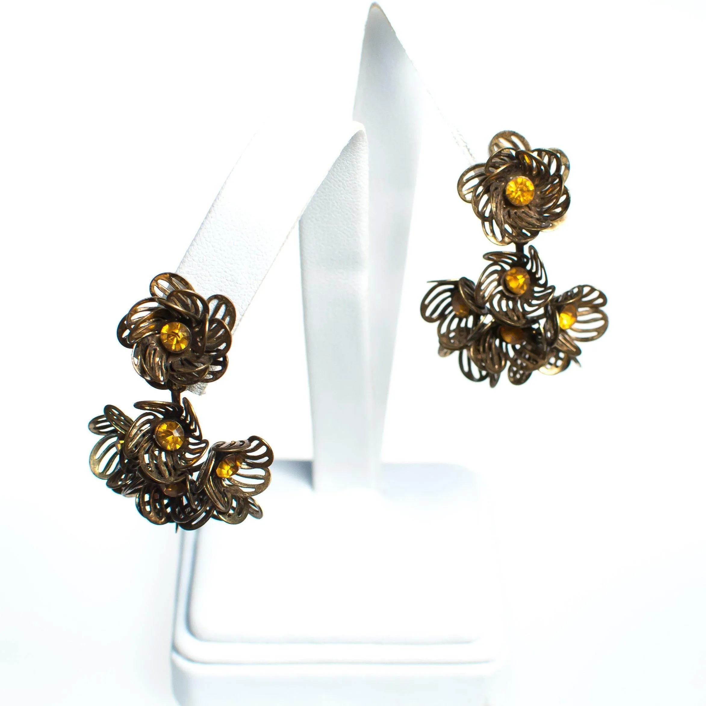 Vintage Gilt Caged Petal Flower Statement Earrings with Amber Crystal Centers