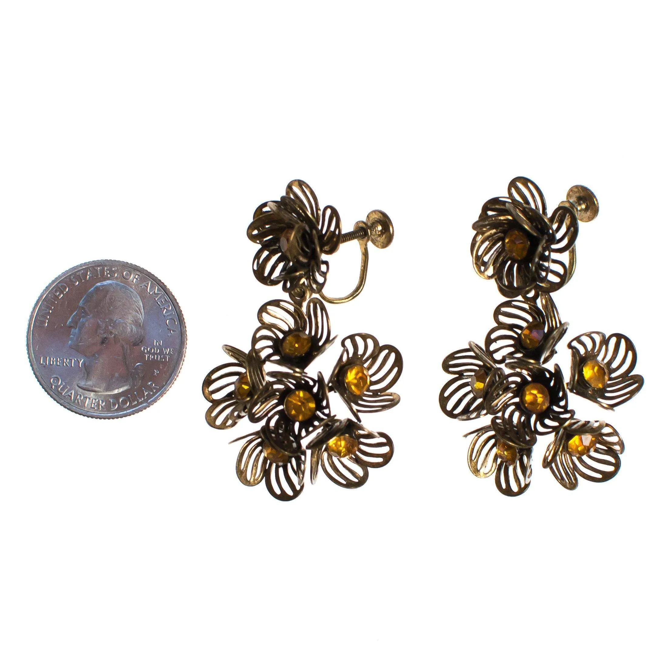 Vintage Gilt Caged Petal Flower Statement Earrings with Amber Crystal Centers