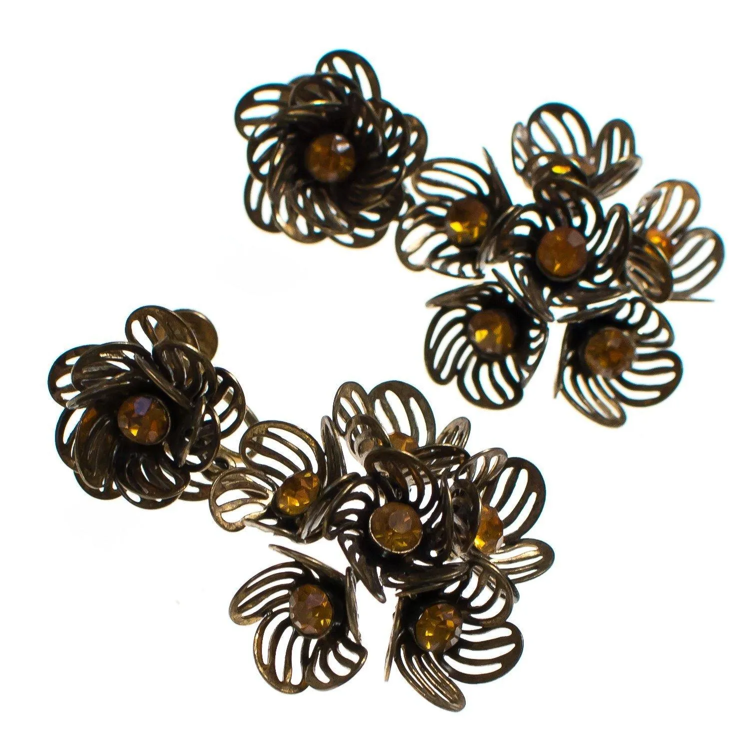 Vintage Gilt Caged Petal Flower Statement Earrings with Amber Crystal Centers