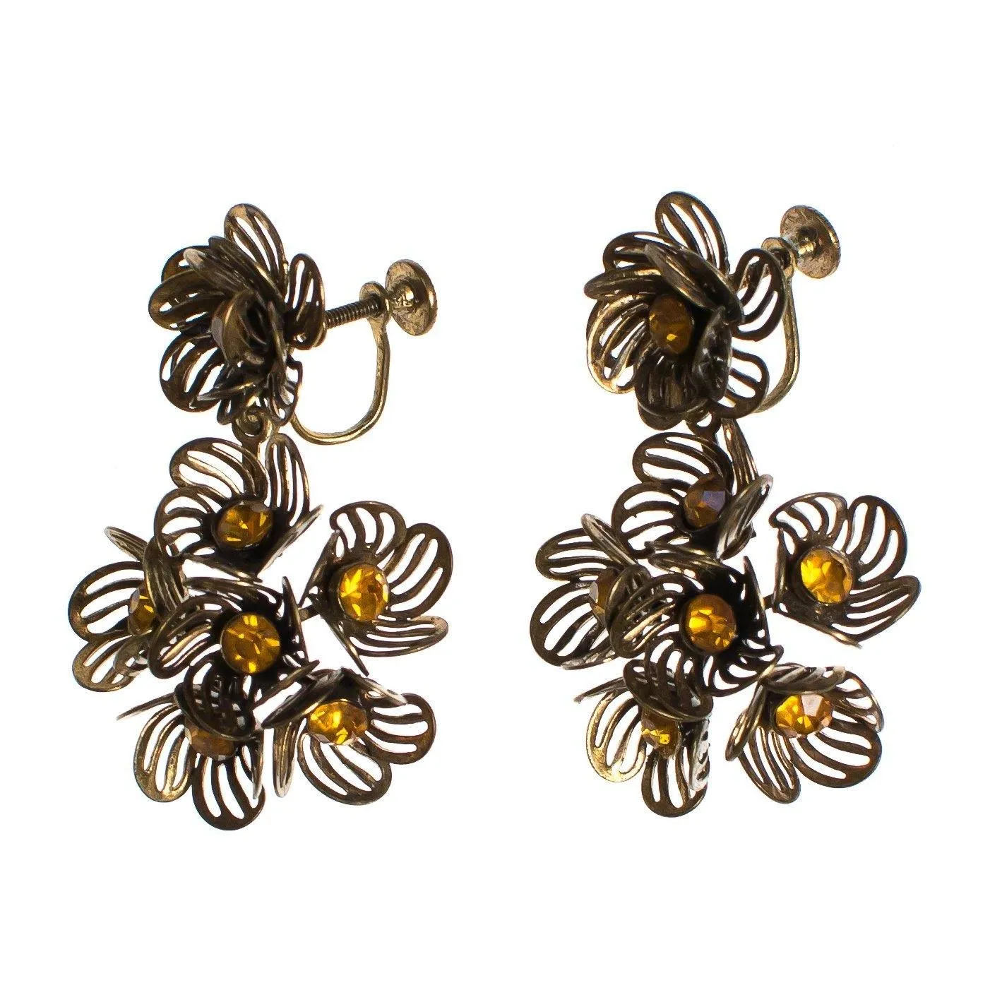 Vintage Gilt Caged Petal Flower Statement Earrings with Amber Crystal Centers