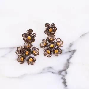Vintage Gilt Caged Petal Flower Statement Earrings with Amber Crystal Centers