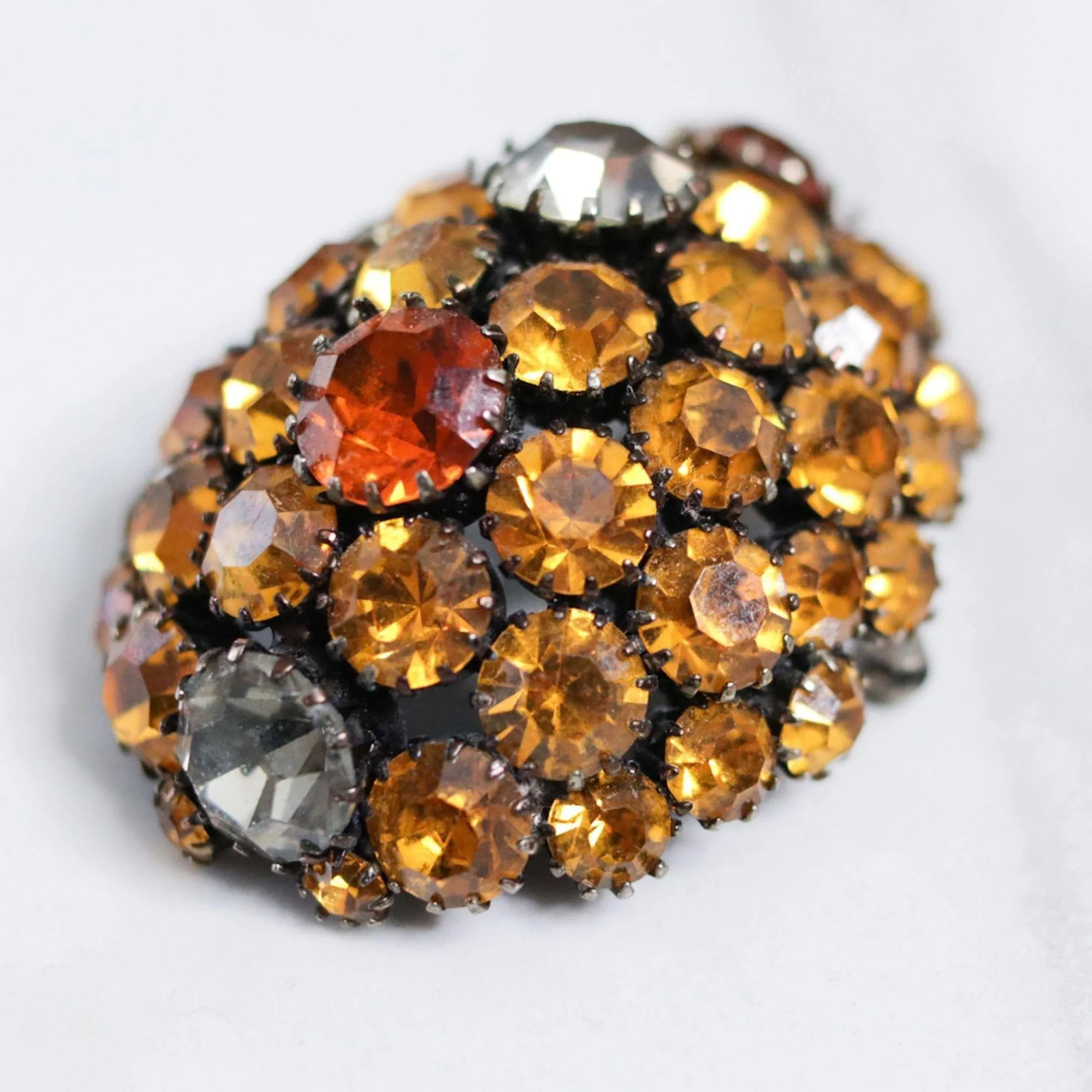 Vintage Weiss Amber and Smokey Crystal Domed Brooch